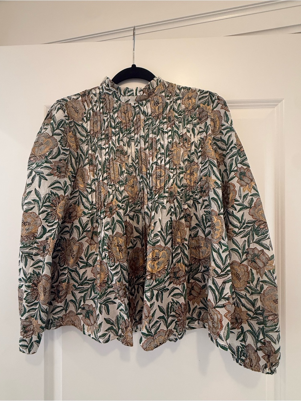 Oliphant Floral Pintuck Blouse in Cream and Green/Gold
